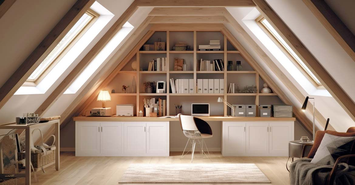Finished attic conversion featuring a beautiful home office by JOS Construction