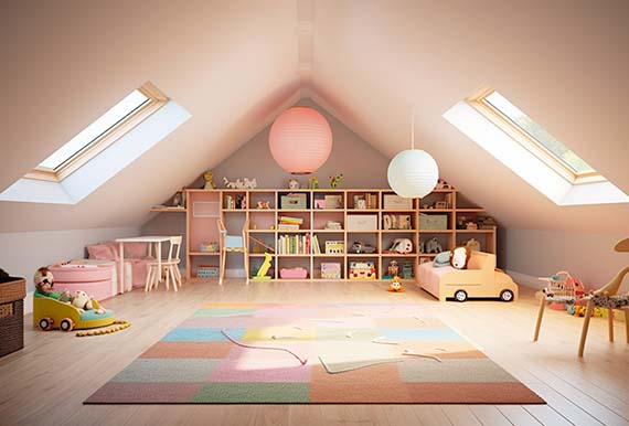 Children's playroom created from an attic conversion by JOS Construction