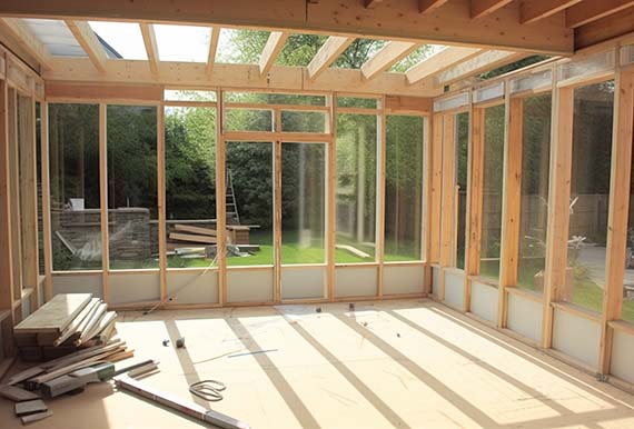 The interior of a sunroom extension during construction
